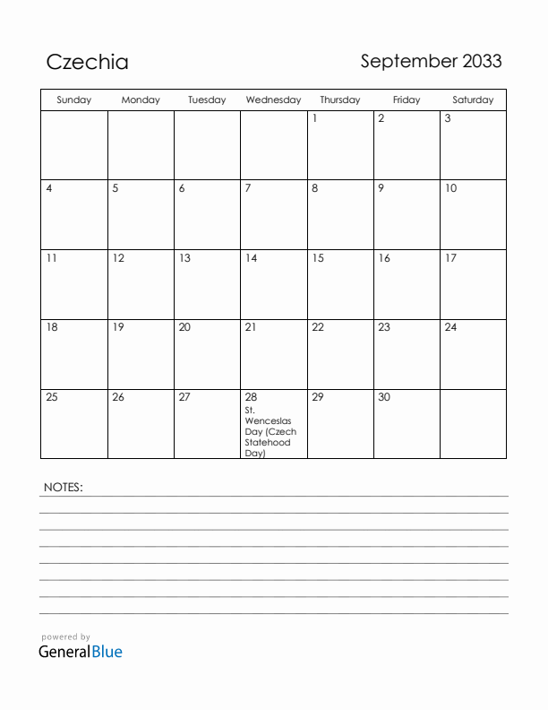 September 2033 Czechia Calendar with Holidays (Sunday Start)