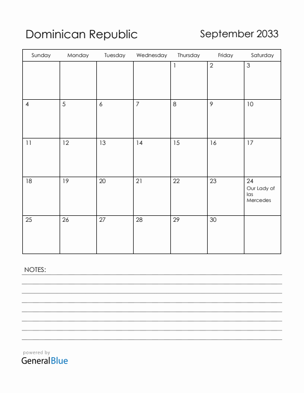 September 2033 Dominican Republic Calendar with Holidays (Sunday Start)