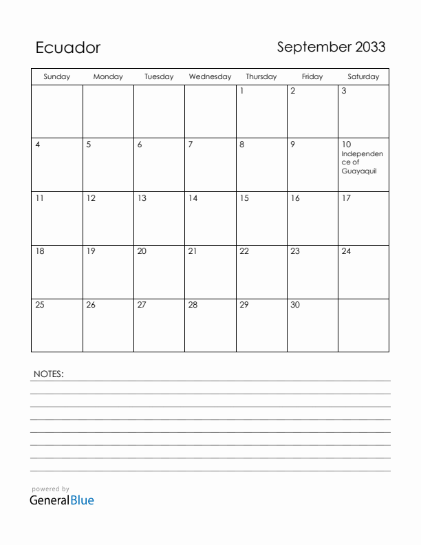 September 2033 Ecuador Calendar with Holidays (Sunday Start)