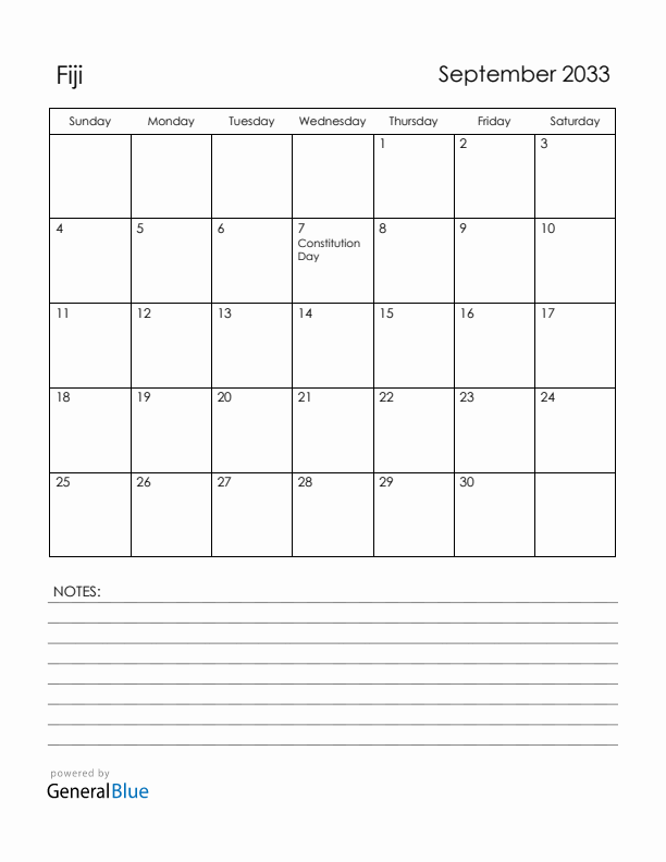 September 2033 Fiji Calendar with Holidays (Sunday Start)