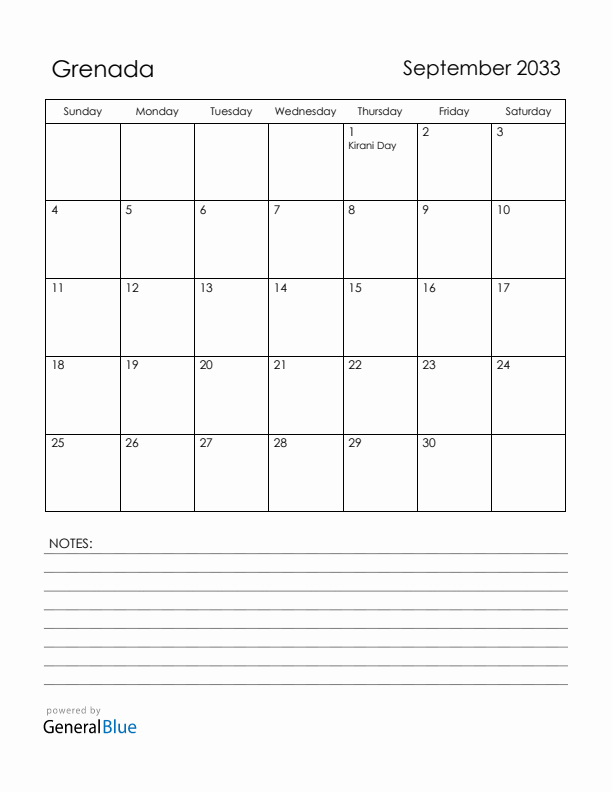 September 2033 Grenada Calendar with Holidays (Sunday Start)