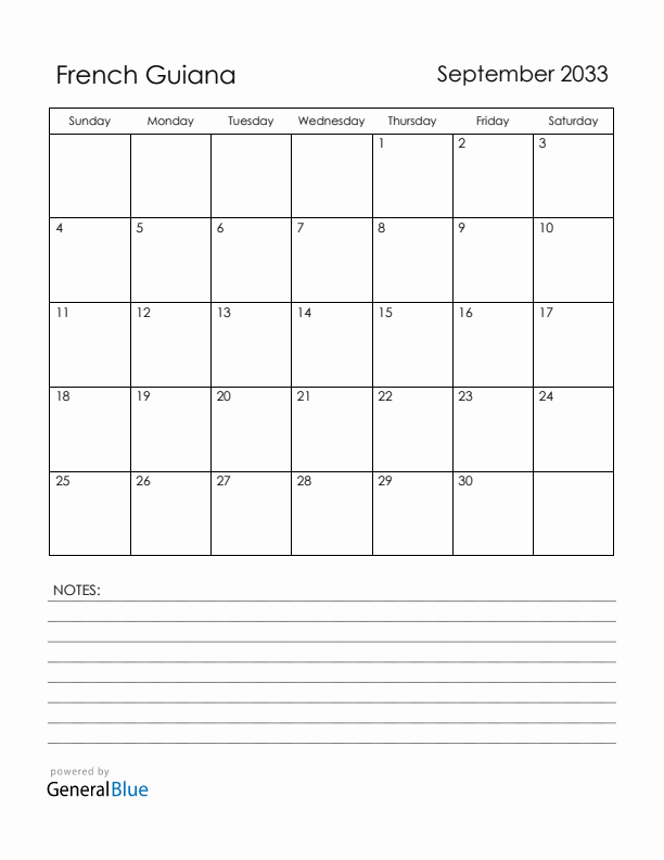 September 2033 French Guiana Calendar with Holidays (Sunday Start)