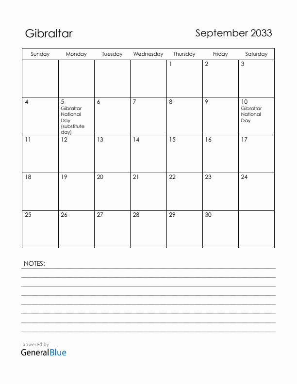 September 2033 Gibraltar Calendar with Holidays (Sunday Start)