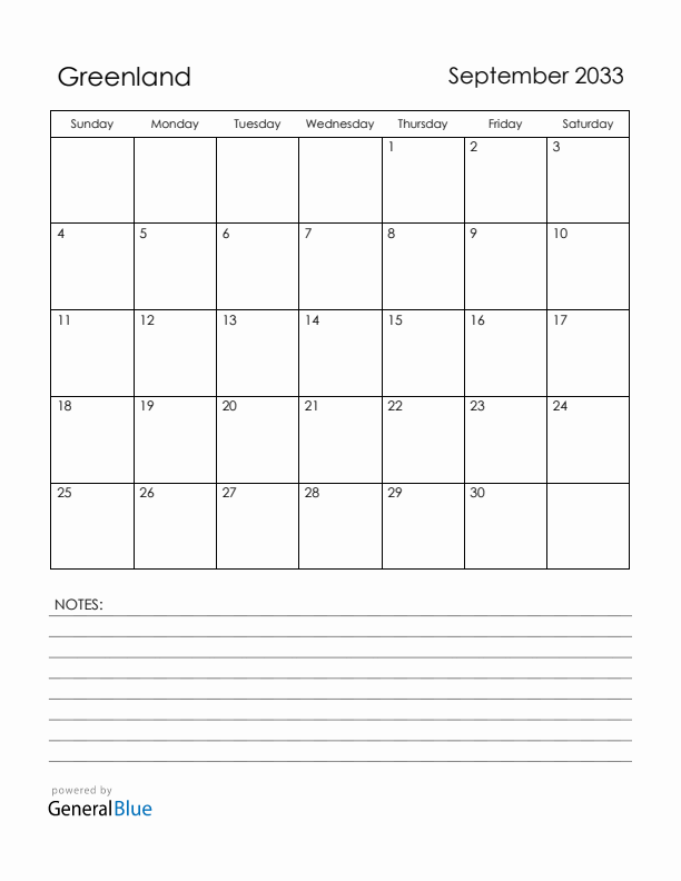 September 2033 Greenland Calendar with Holidays (Sunday Start)