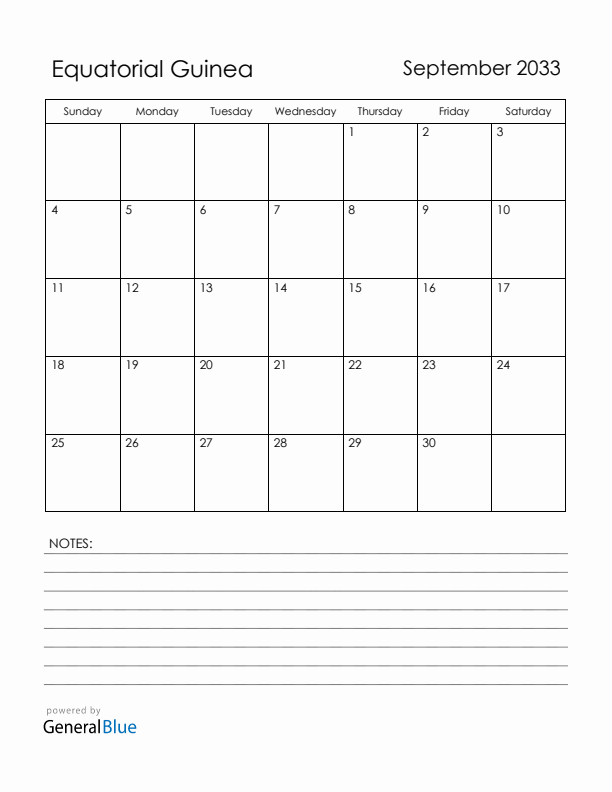 September 2033 Equatorial Guinea Calendar with Holidays (Sunday Start)