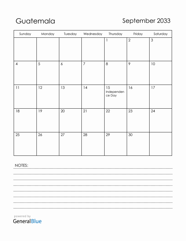September 2033 Guatemala Calendar with Holidays (Sunday Start)