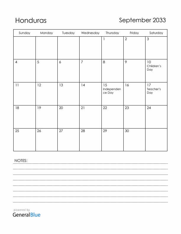 September 2033 Honduras Calendar with Holidays (Sunday Start)