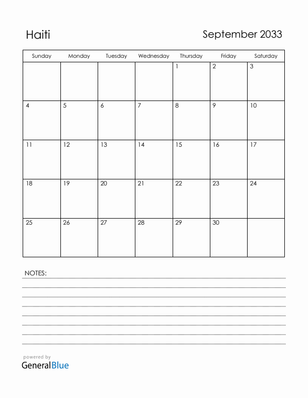 September 2033 Haiti Calendar with Holidays (Sunday Start)