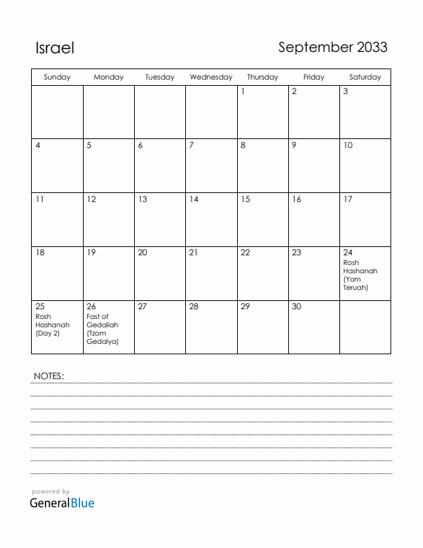 September 2033 Israel Calendar with Holidays (Sunday Start)