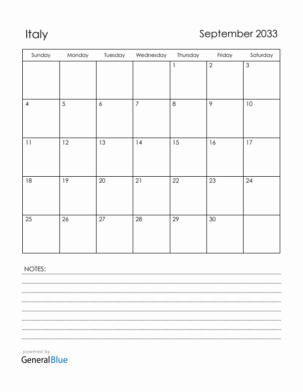 September 2033 Italy Calendar with Holidays (Sunday Start)