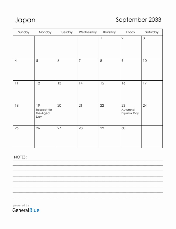 September 2033 Japan Calendar with Holidays (Sunday Start)