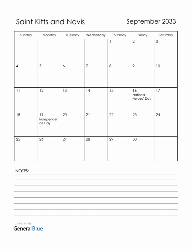 September 2033 Saint Kitts and Nevis Calendar with Holidays (Sunday Start)
