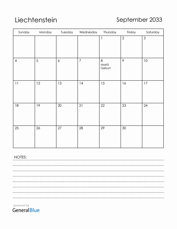 September 2033 Liechtenstein Calendar with Holidays (Sunday Start)