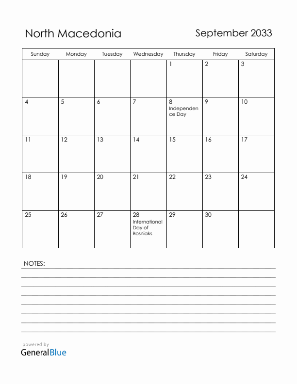 September 2033 North Macedonia Calendar with Holidays (Sunday Start)