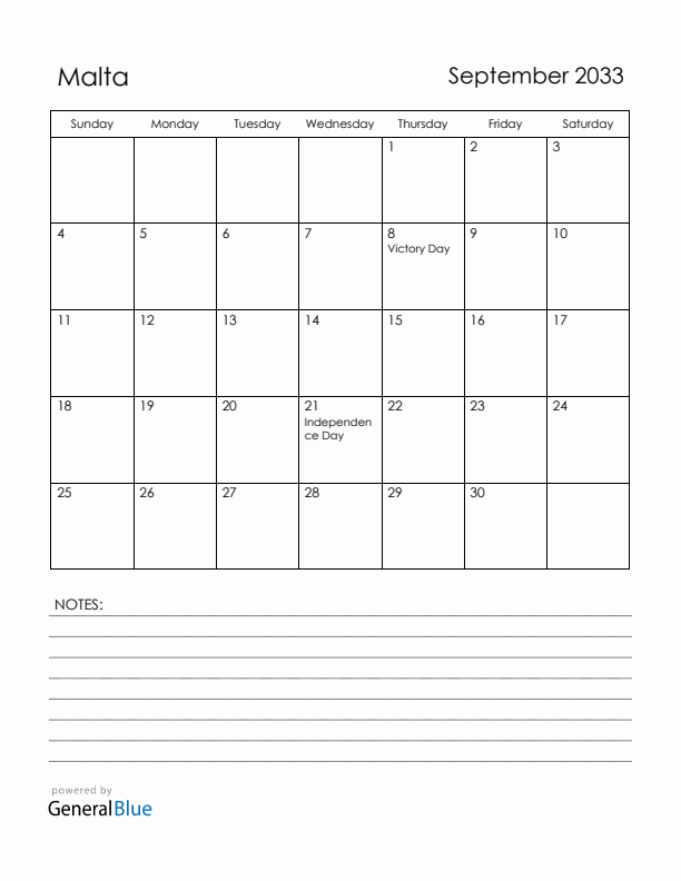 September 2033 Malta Calendar with Holidays (Sunday Start)