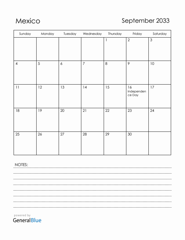 September 2033 Mexico Calendar with Holidays (Sunday Start)