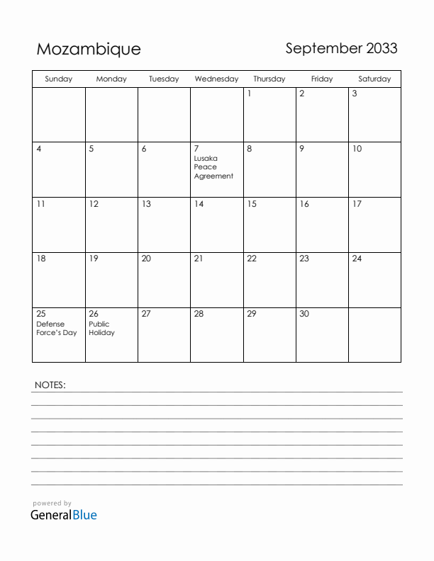 September 2033 Mozambique Calendar with Holidays (Sunday Start)