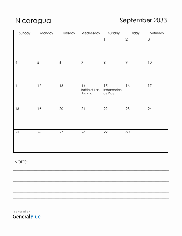 September 2033 Nicaragua Calendar with Holidays (Sunday Start)