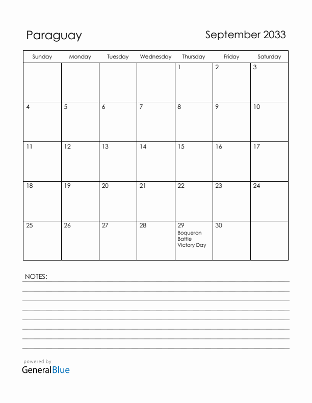 September 2033 Paraguay Calendar with Holidays (Sunday Start)