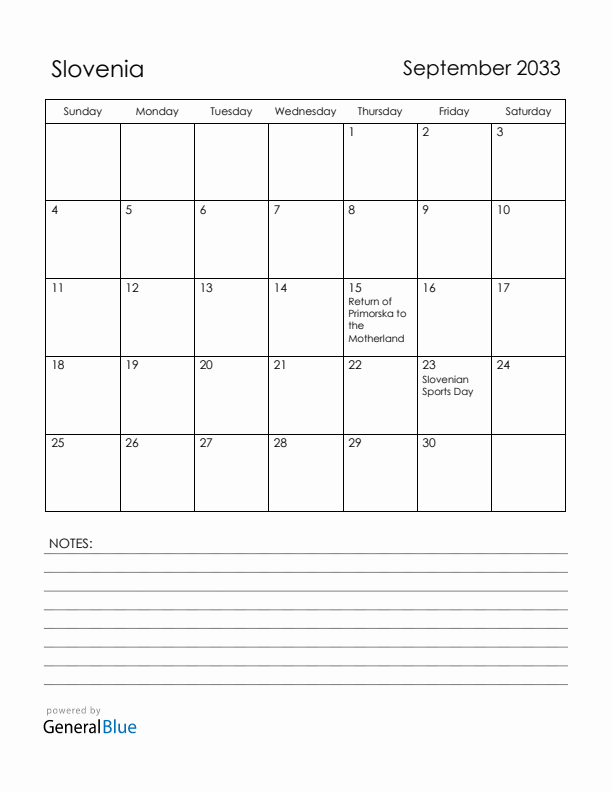 September 2033 Slovenia Calendar with Holidays (Sunday Start)
