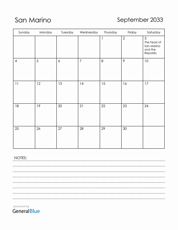 September 2033 San Marino Calendar with Holidays (Sunday Start)