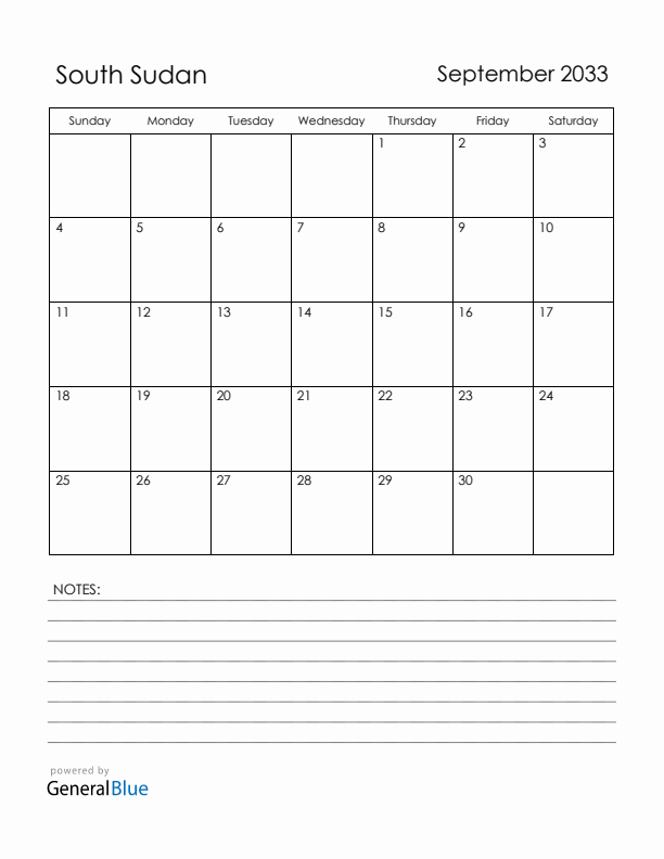 September 2033 South Sudan Calendar with Holidays (Sunday Start)