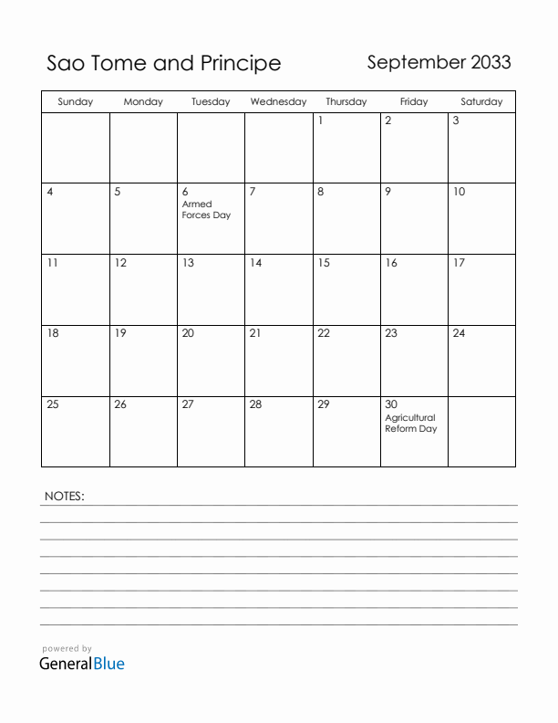 September 2033 Sao Tome and Principe Calendar with Holidays (Sunday Start)