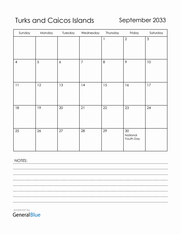 September 2033 Turks and Caicos Islands Calendar with Holidays (Sunday Start)