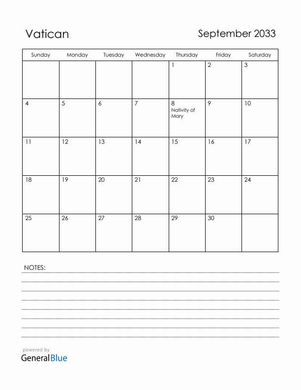 September 2033 Vatican Calendar with Holidays (Sunday Start)