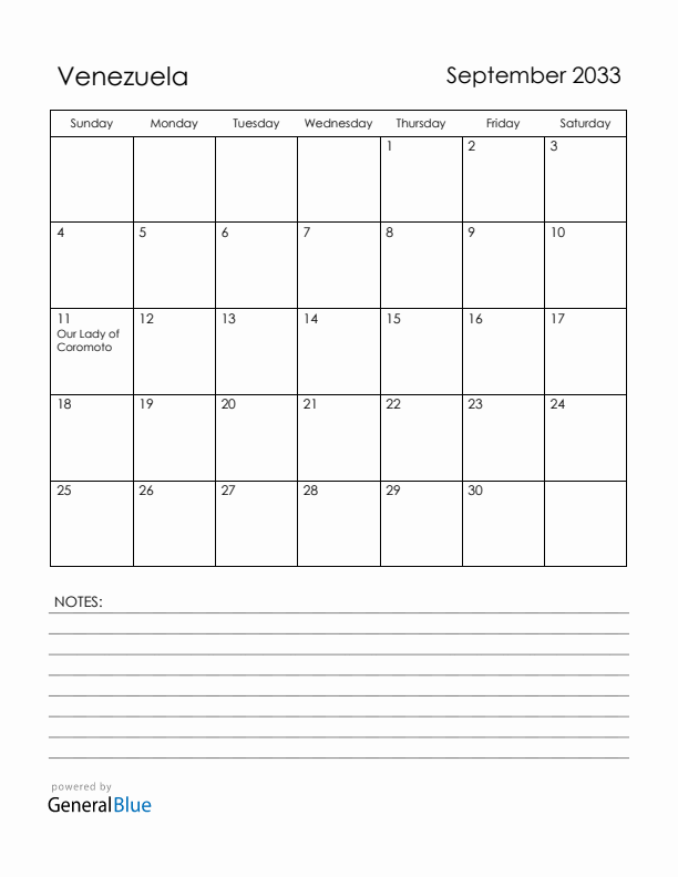 September 2033 Venezuela Calendar with Holidays (Sunday Start)