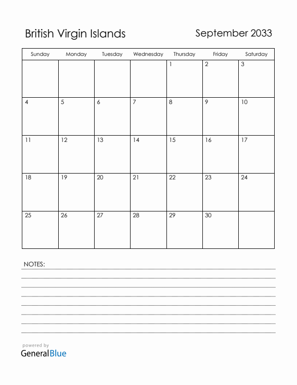 September 2033 British Virgin Islands Calendar with Holidays (Sunday Start)
