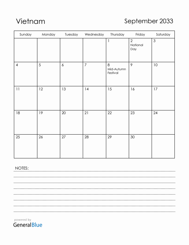 September 2033 Vietnam Calendar with Holidays (Sunday Start)
