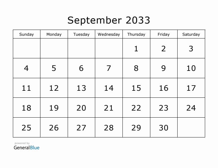 Printable September 2033 Calendar - Sunday Start