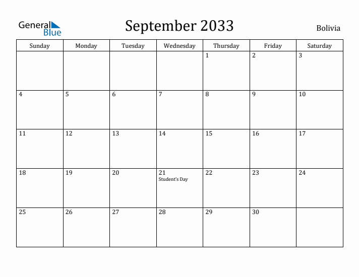 September 2033 Calendar Bolivia