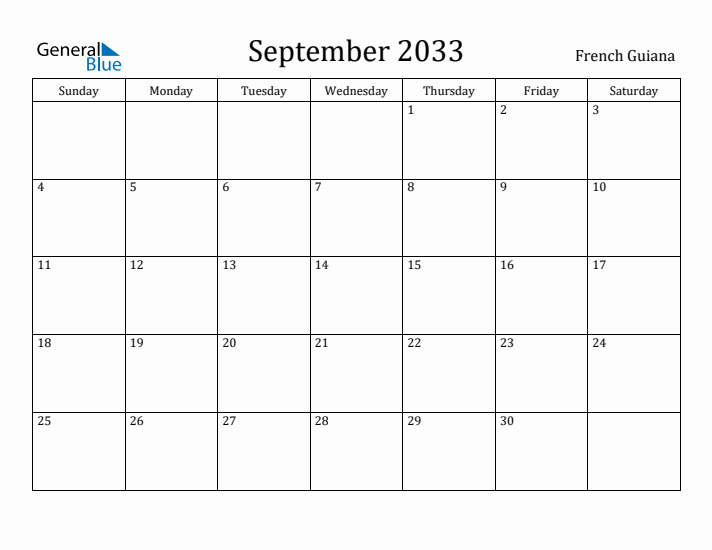 September 2033 Calendar French Guiana