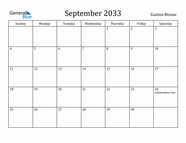 September 2033 Calendar Guinea-Bissau