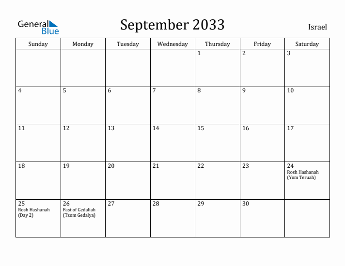 September 2033 Calendar Israel