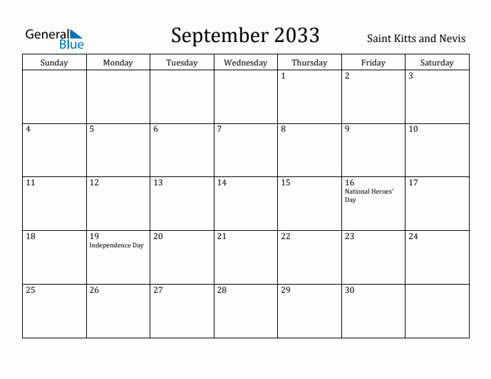 September 2033 Calendar Saint Kitts and Nevis