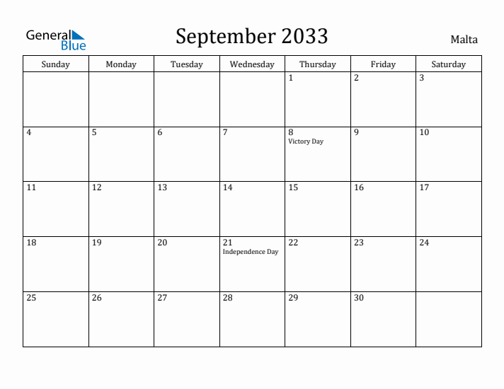 September 2033 Calendar Malta