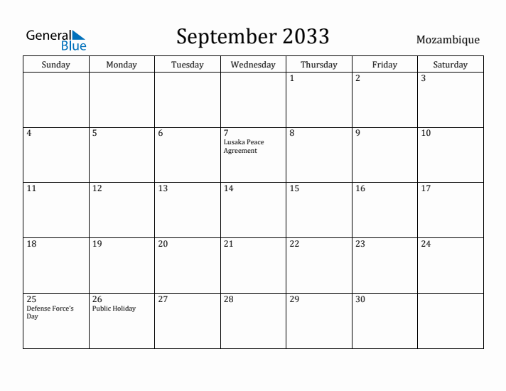 September 2033 Calendar Mozambique