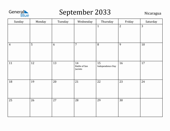 September 2033 Calendar Nicaragua