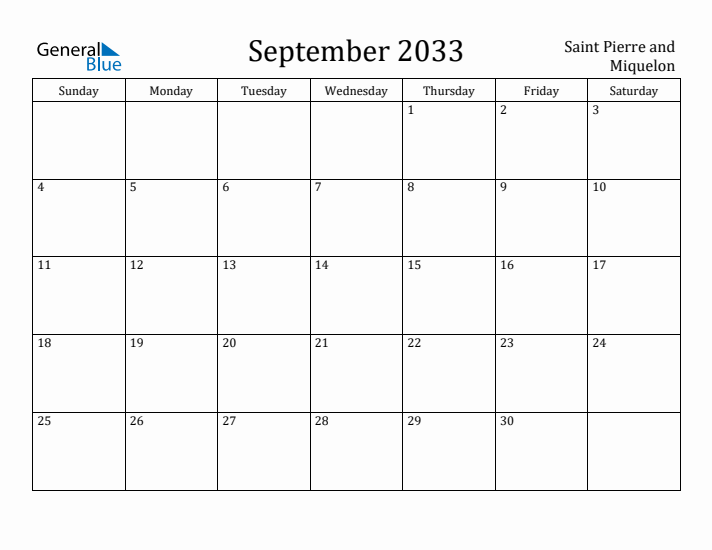 September 2033 Calendar Saint Pierre and Miquelon