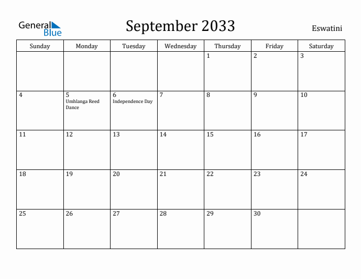 September 2033 Calendar Eswatini