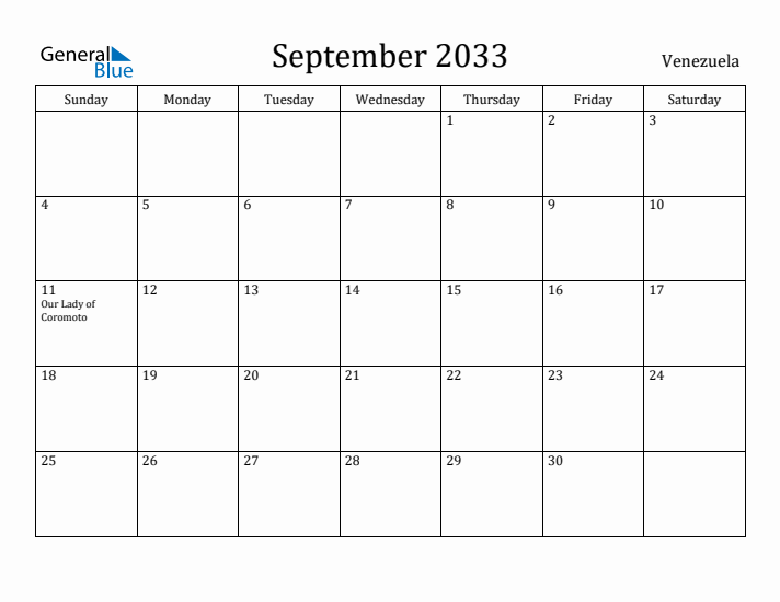 September 2033 Calendar Venezuela
