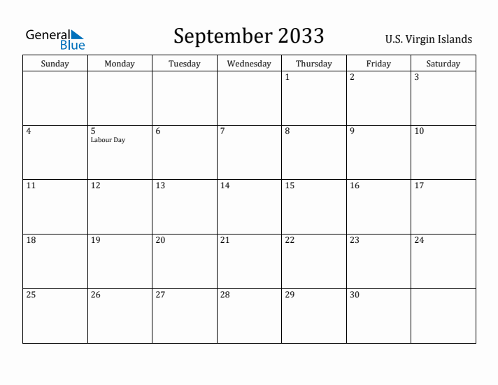 September 2033 Calendar U.S. Virgin Islands