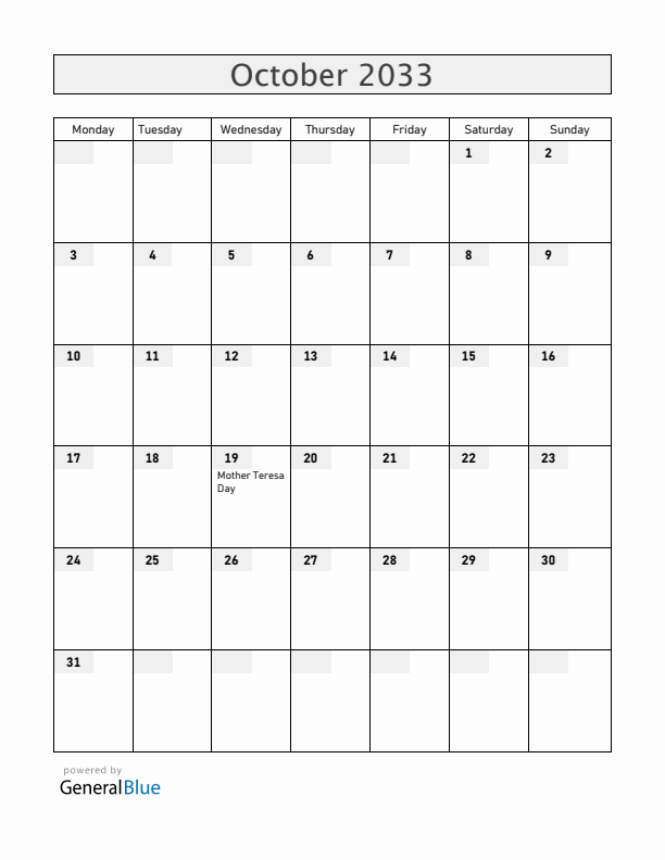 Albania October 2033 Calendar with Holidays
