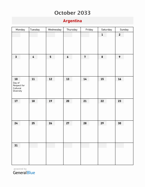 Argentina October 2033 Calendar with Holidays