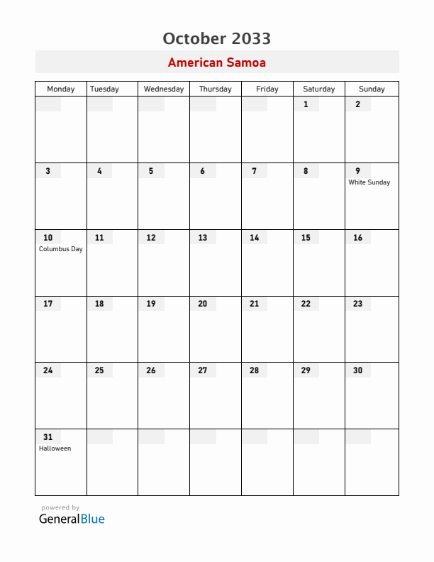 American Samoa October 2033 Calendar with Holidays