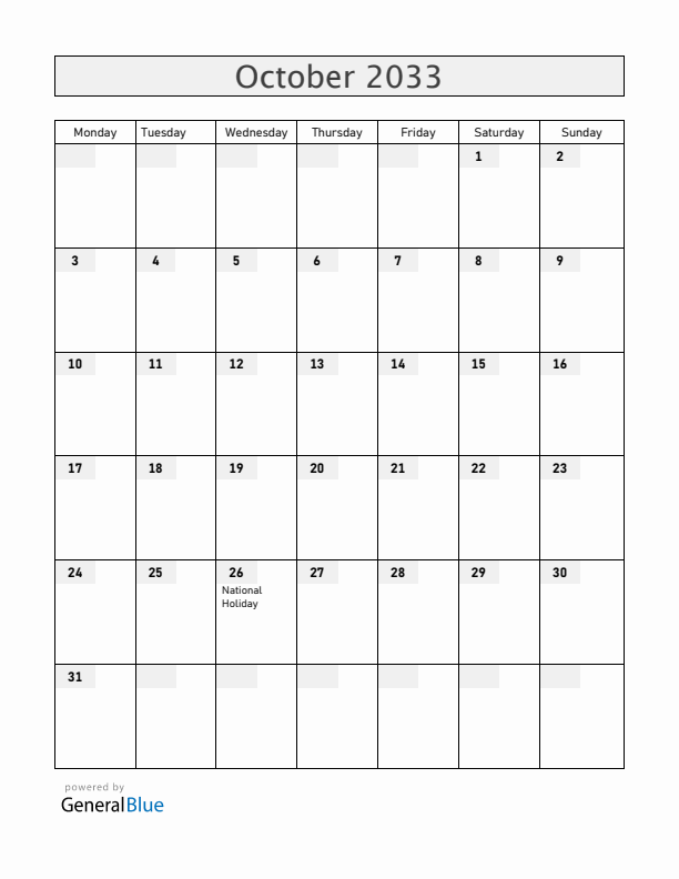 Austria October 2033 Calendar with Holidays