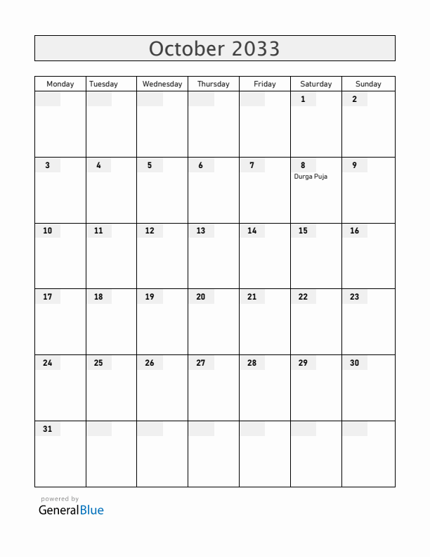 Bangladesh October 2033 Calendar with Holidays
